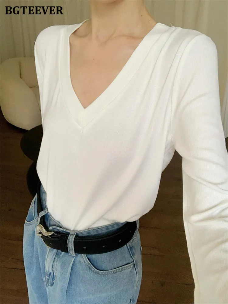 BGTEEVER Spring Summer Casual Solid V-Neck T-shirt Women Cotton Basic Full Sleeve Tops Female Soft White Tee Shirt Harajuku