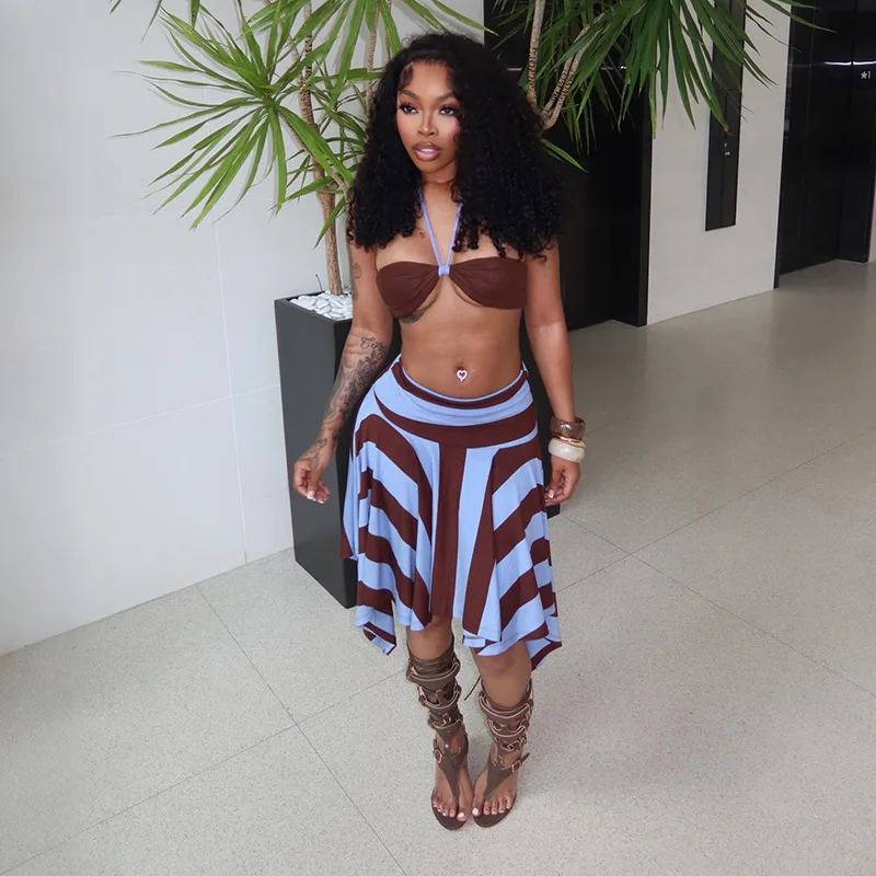 

Women Vacation Beach Contrast Color 2 Piece Set Lace Up Halter Tube Crop Tops + Striped Asymmetrical Midi Skirts Casual Suits