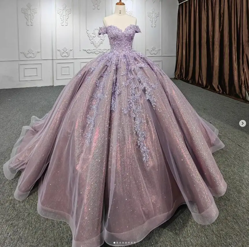 Vestido de quinceañera de princesa de Gillter púrpura antiguo, hombros descubiertos, apliques florales, vestido de corsé con cordones, 15 quinceañeras, morado