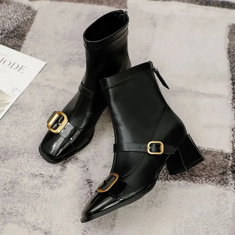 

British Style Short Boots Women's Spring /Autumn Soft Leather Thin Single Boots New Retro Square Head High-heeled Boots