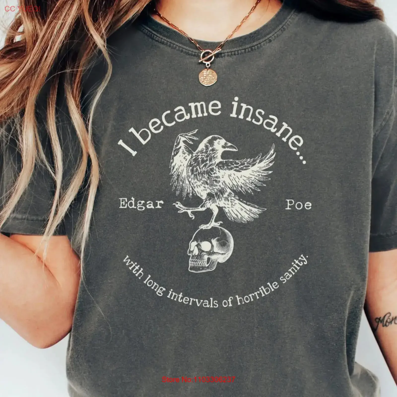 T-shirt Edgar Allan Poe, thème poétique gothique, corbeau, Dark Academia, crâne, littéraire, vintage, délavé, légèrement stylé, doux