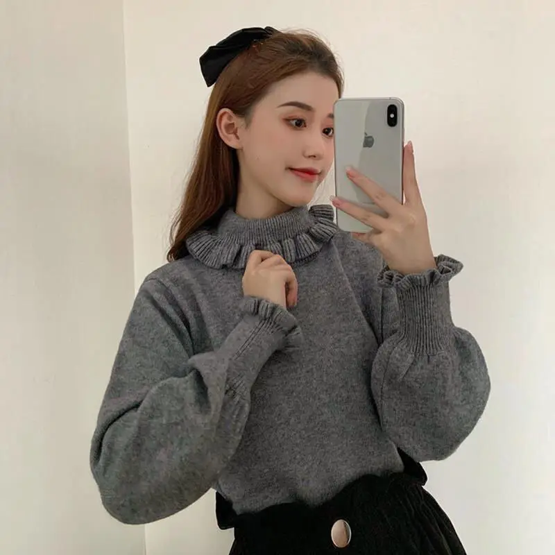 Ruched Turtleneck Pullovers Women Casual Sweet Cute Students Preppy Japanese Style Solid Sweaters Long Sleeve Pull Femme  Autumn