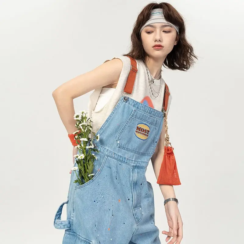 

Ele Embroidered Denim Overalls Women's Loose Fit Autumn Winter plus Size Design Sense American Retro Sle Wide Leg Jeans