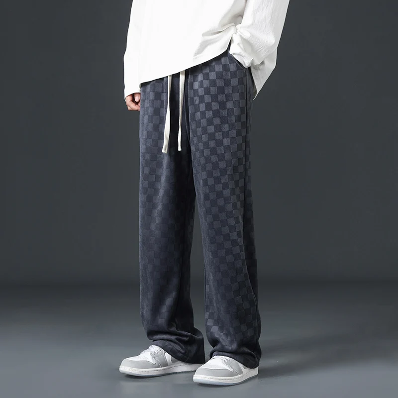 

Men's Checkered Velvet Sweatpants, Winter Loose Casual Pants with Drawstring & Streetwear Trend