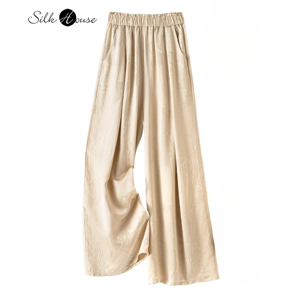 

2025 Women's Fashion Summer New Style 100% Natural Mulberry Silk GuanLe Satin Champagne Loose High Waist Casual Wide Leg Pants