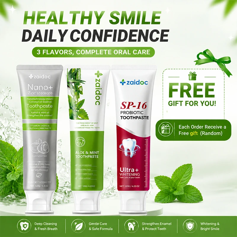 ZaiDoc 3pcs SP16 Probiotic Whitening Toothpaste + Aloe Mint Fresh Toothpaste + Coconut Oil Plaque Removal Toothpaste Oral Care Set with Surprise Gift