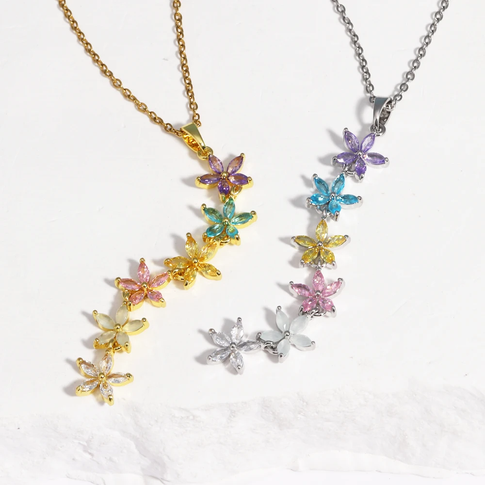 Hochwertige glänzende bunte Zirkonia Blumen Anhänger Halsband lange Halskette Damen Edelstahl 18K vergoldet Schmuck