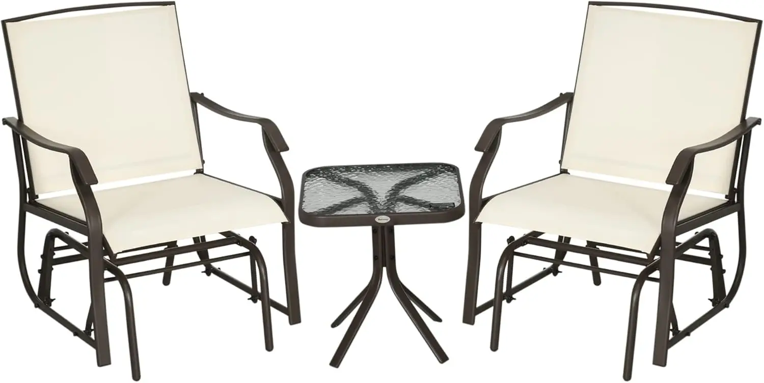 

3 Piece Outdoor Glider Chair with Coffee Table Bistro Set, 2 Patio Rocking Swing Chairs with Breathable Sling Fabric, Glass Tabl