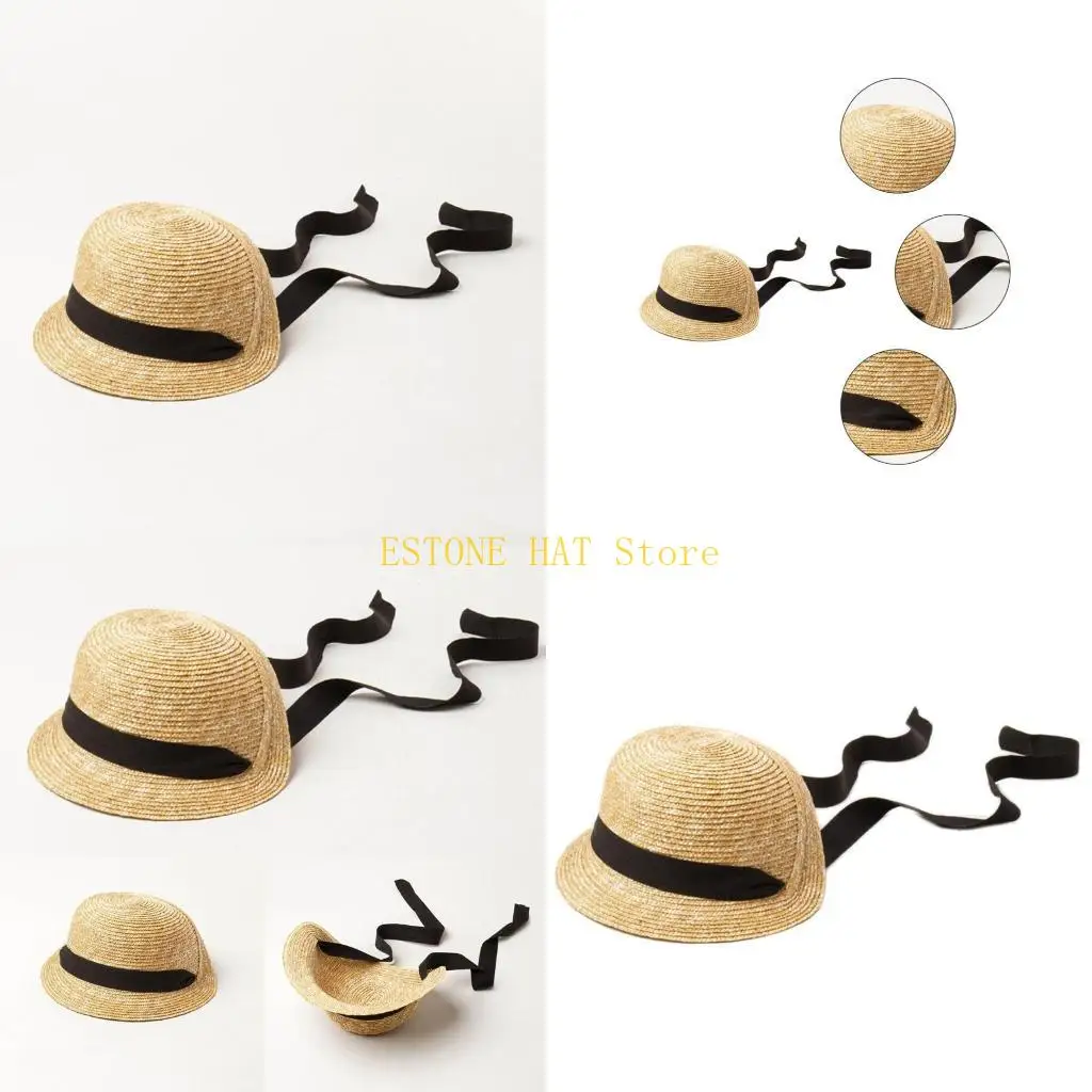 49MF Straw Hat Packable Cap Embellished with Textured Ribbon Travel Companion Reduce UV Harm Protect Delicate Skin