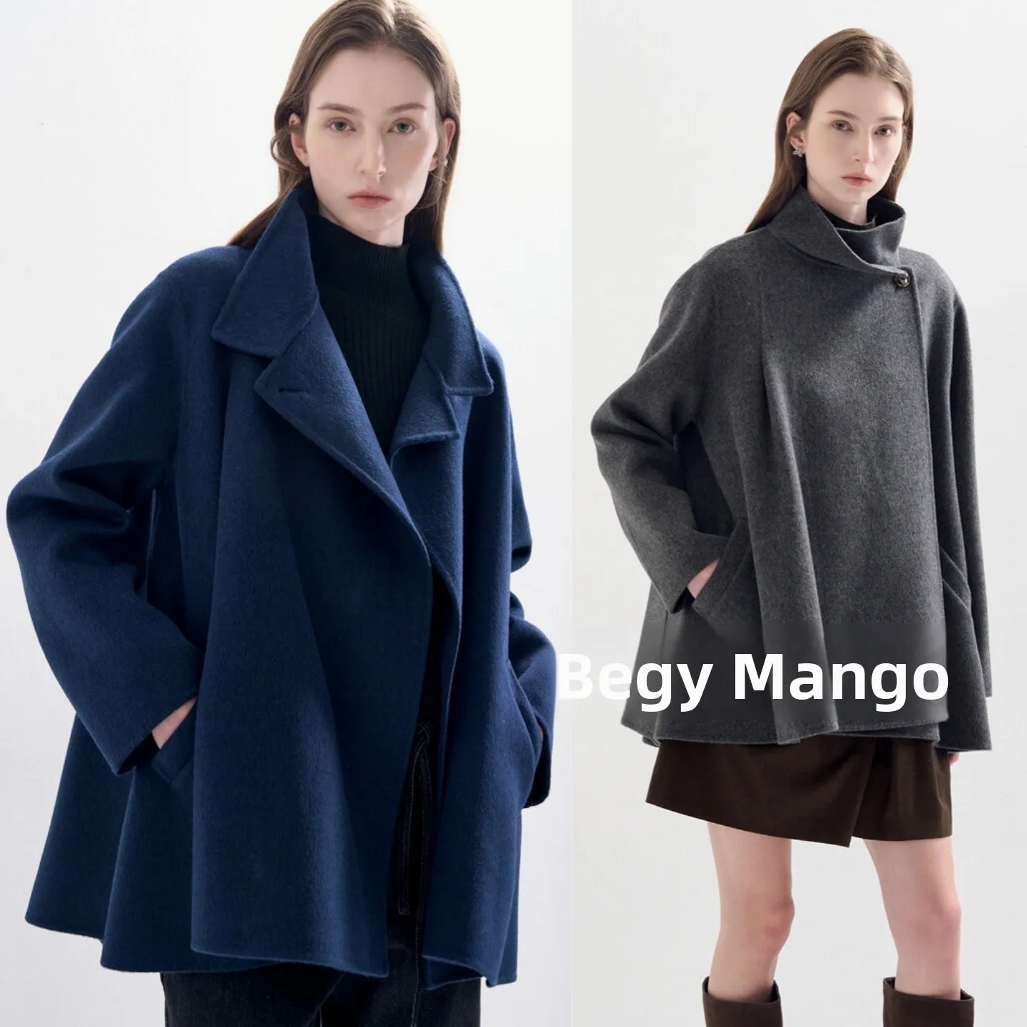 A-Line Woolen Coat Double-Faced Hand-Sewn Sheep Wool Stand Collar Slimming Versatile Commute Korean Style Thick Winter Outerwear