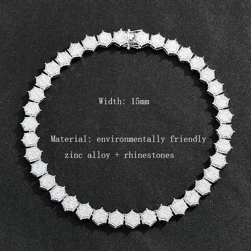 Hip Hop 15mm Bling CZ Stone Tennis Chain Choker Necklace Mens Women Iced Out Cuban Chain Necklaces Silver Color Jewelry