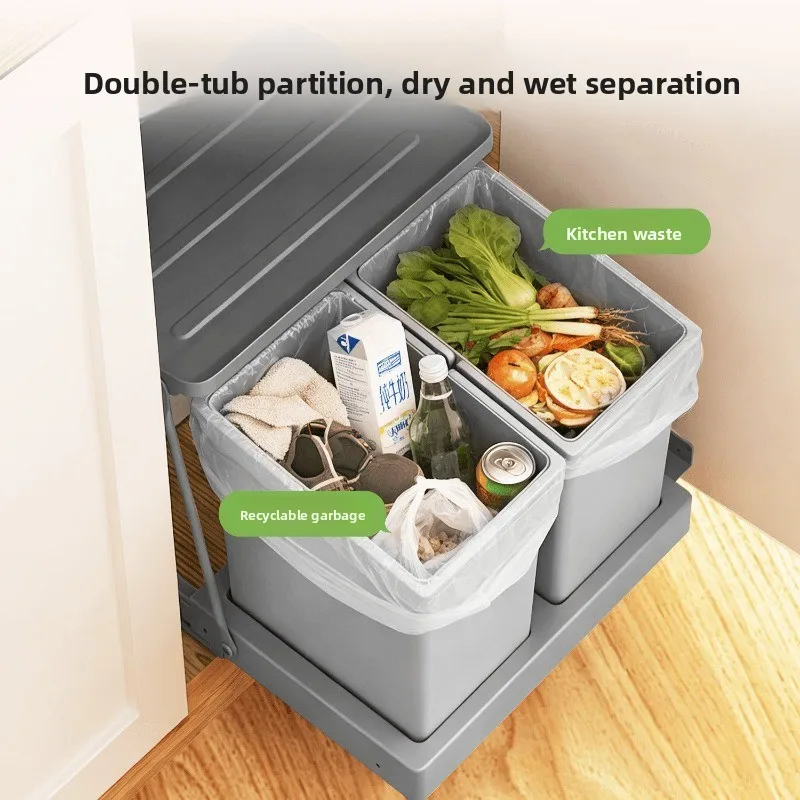 Cabinet side open sink household trash can large capacity embedded cabinet hidden kitchen double bucket classification with lid