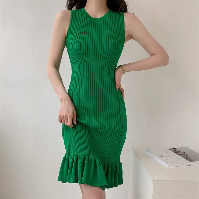 

Dress Fishtail Lotus Leaf Knitted Sleeveless Slim Fit 2024 Summer New Style Temperament Bottoming Vest Dress