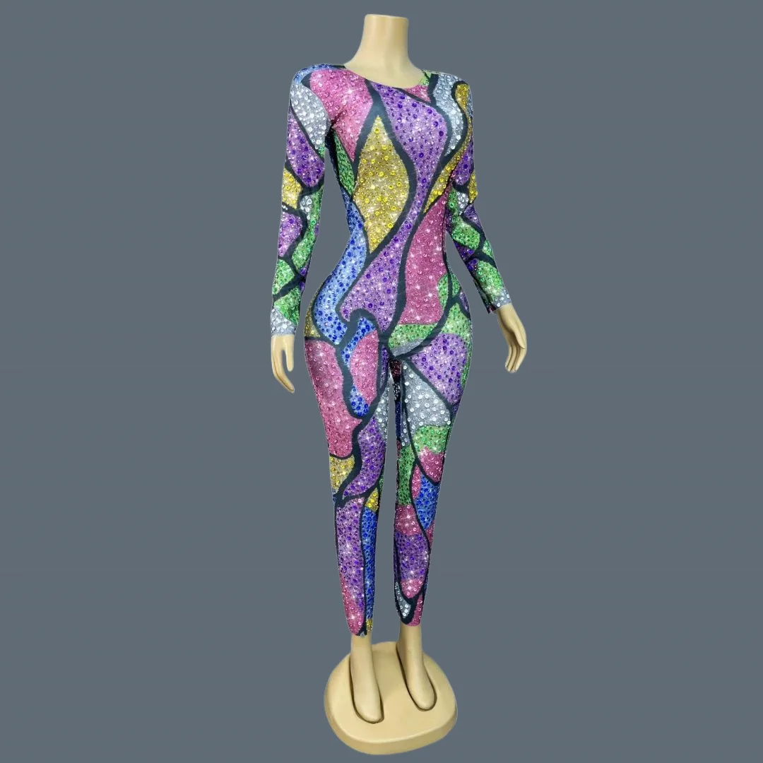 Mysterious Dreamlike Colorful Rhinestone Sparkly Jumpsuit Dance Nightclub Drag Queen Performer Wear Night Out Outfit Qianbaise