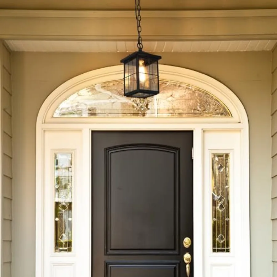 Outdoor Pendant Light Fixture, Farmhouse Black Anti-Rust Ceiling Outdoor Light with Seeded Glass, Exterior Square Hanging Lante view 5