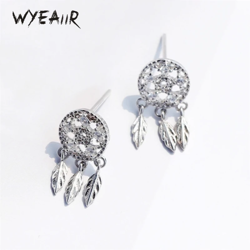 

WYEAIIR 925 Sterling Silver Original Dreamcatcher Leaf Tassel Shiny Zircon Fine Jewelry Female Earrings