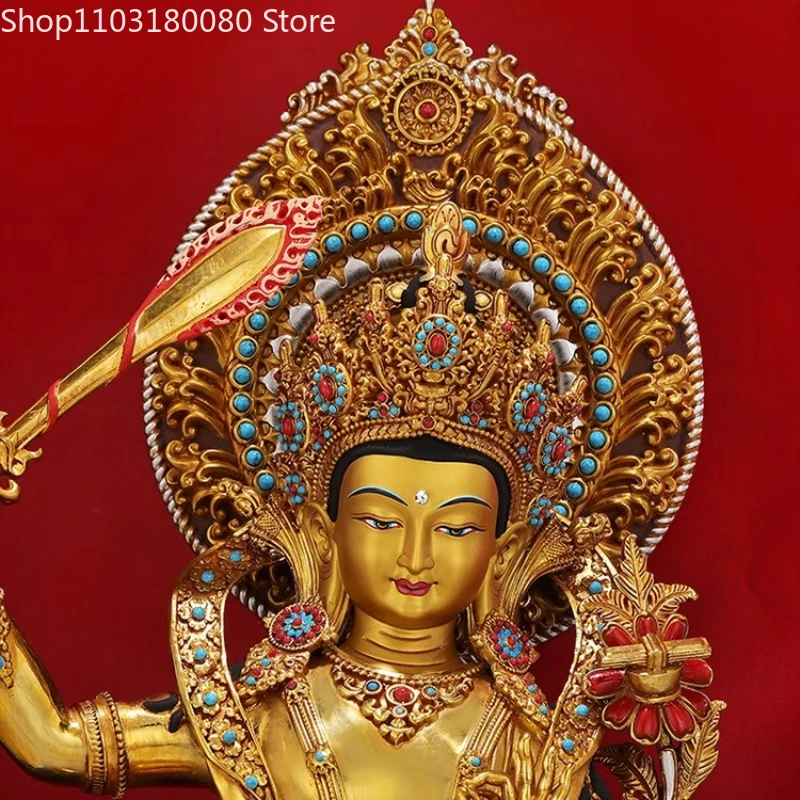 Nepal Copper Brass gilt Manjusri Bodhisattva buddha statue Tibet buddhism Tantra sculpture Temple home decor Large size