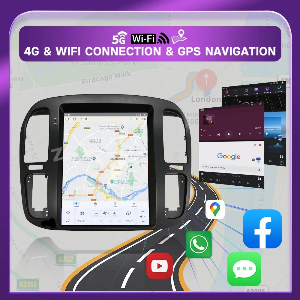 Wireless CarPlay For Toyota Land Cruiser 100 LC100 1999-2002 Car Radio Multimedia Android14 Auto Tesla Screen Player Bluetooth4G