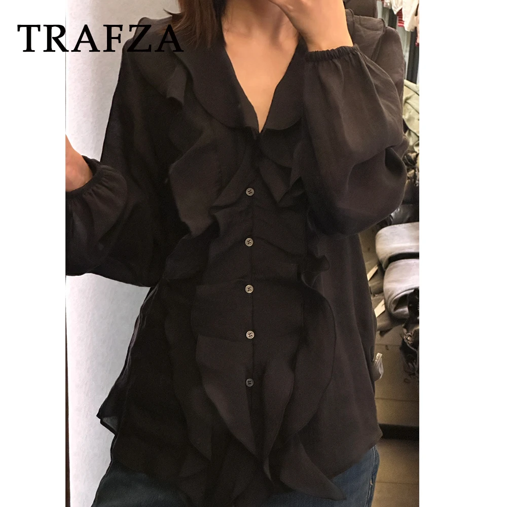 

TRAFZA Chic 2025 женские весенние элегантные многоуровневые однотонные рубашки свободные однобортные рубашки с v-образным вырезом с длинным рукавом повседневная женская блузка