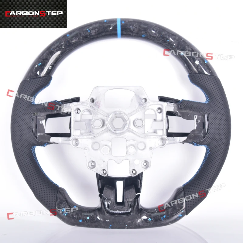 For Mustang 2015-2023 Custom Blue Forged Carbon Steering Wheel with Perforated Leather Grip