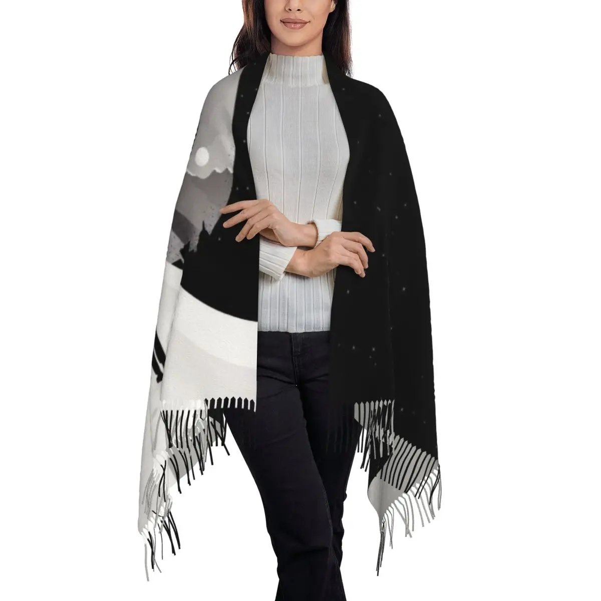 مخصص الإناث طويلة القمر فارس الفيلم الأوشحة النساء الشتاء لينة الدافئة شرابة شال التفاف وشاح