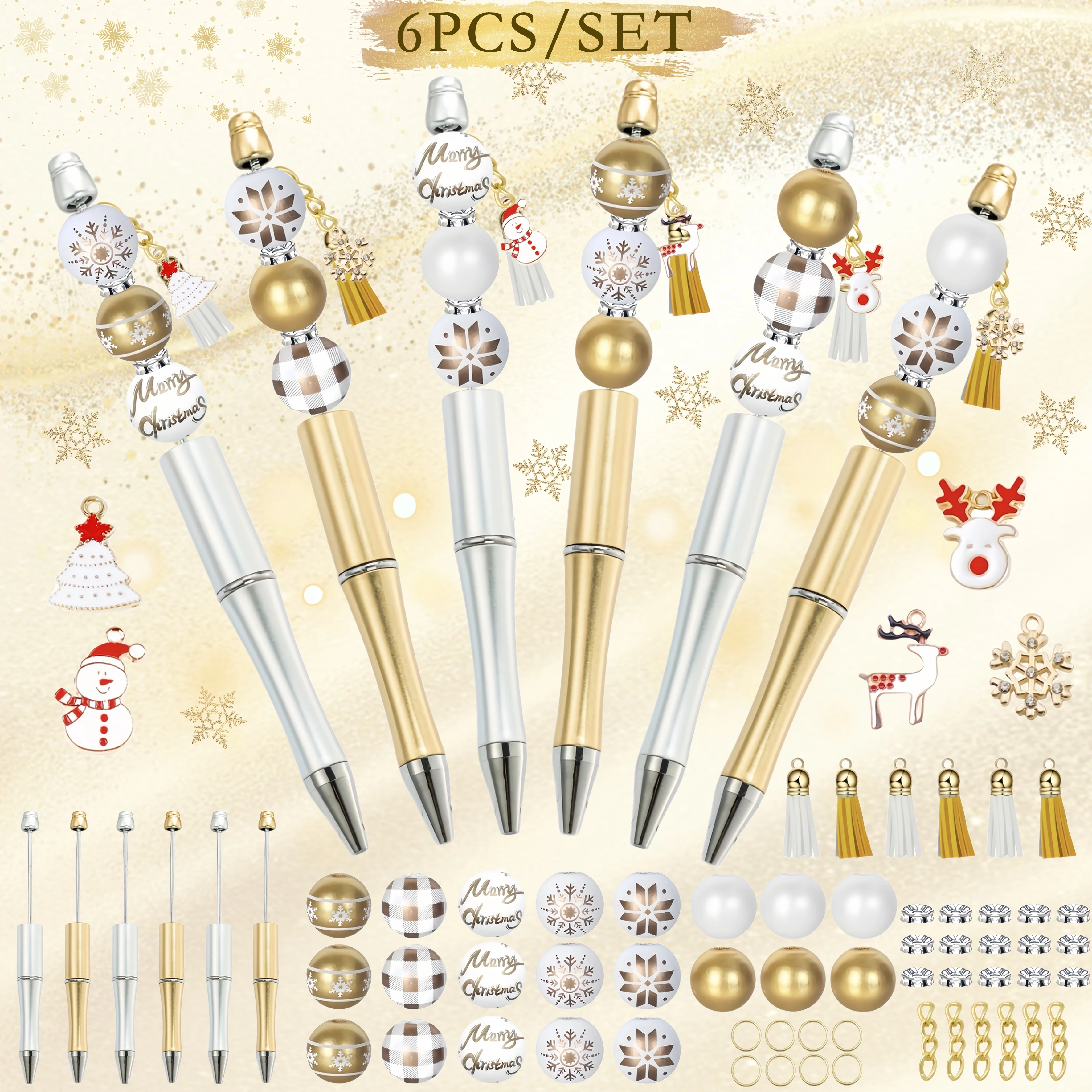 6pcs/set Christmas DIY Ballpoint Pens, Golden Snowflake Wooden Bead DIY Beaded Pen Set, for Writing, Studying, and Office Use
