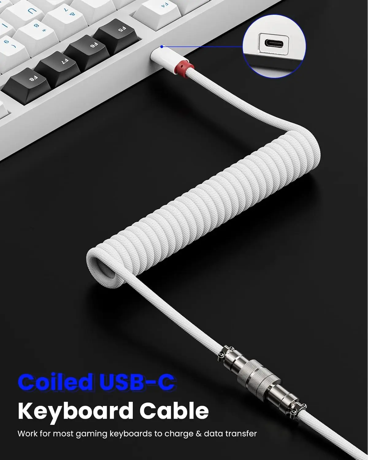 5FT USB C Coiled Keyboard Cable Double-Sleeved Keyboard Wire with Detachable Metal Aviator USB C to USB A Coil Cord Wire