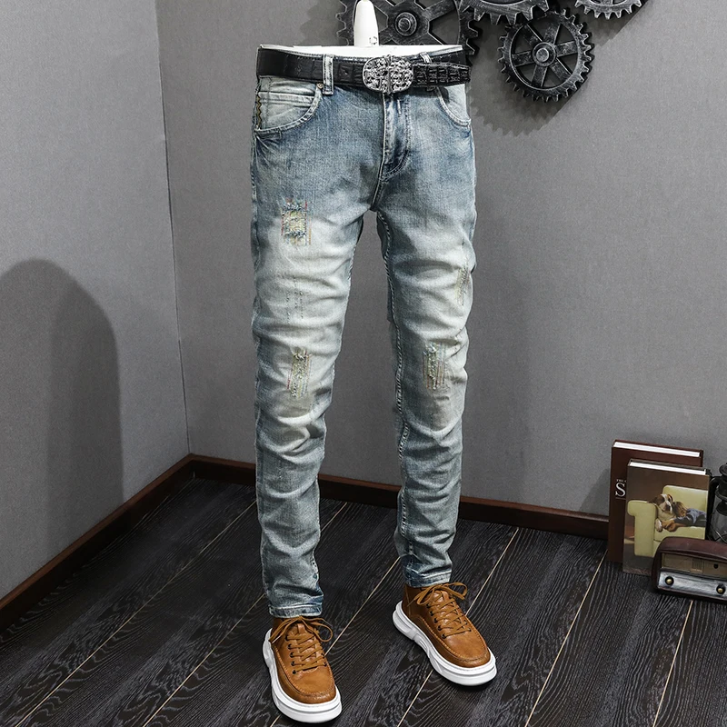 Italian Style Fashion Men Jeans Retro Washed Blue Stretch Slim Fit Vintage Ripped Jeans Men Embroidery Designer Denim Pants