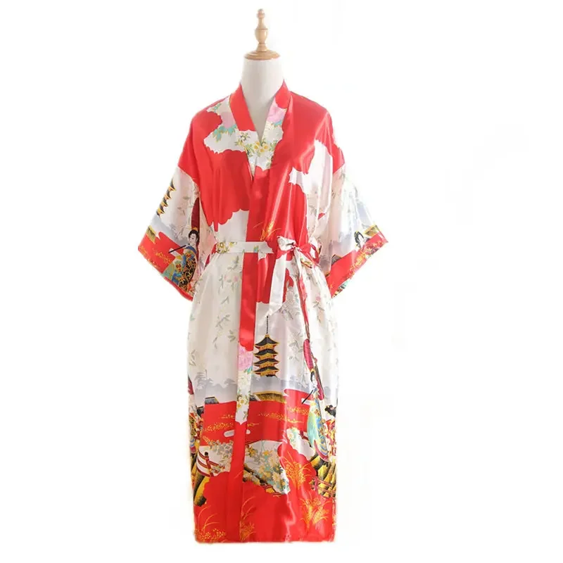 Japanese Kimono Style Cardigan Satin Bathrobe Long Pajamas Night Robe Yukata For Women Japanese Clothes Peacock Print