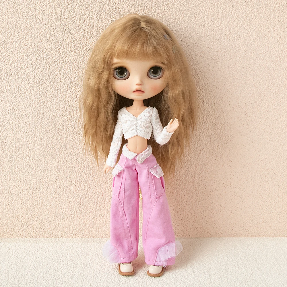 ブライス服 ヴィンテージレース ホワイトトップ ワイドレッグパンツ レースジーンズ カジュアルセット リカ アゾネス オブ22 24 ケル YMYドールアクセサリー用。