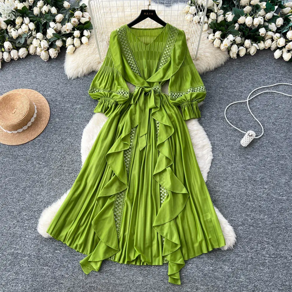 

Women Dresses Solid Dress Pleated Ruffle Hem V Neck Lantern Sleeves Ankle Length Waist Cinched Loose Fit Office Lady 2026 Spring