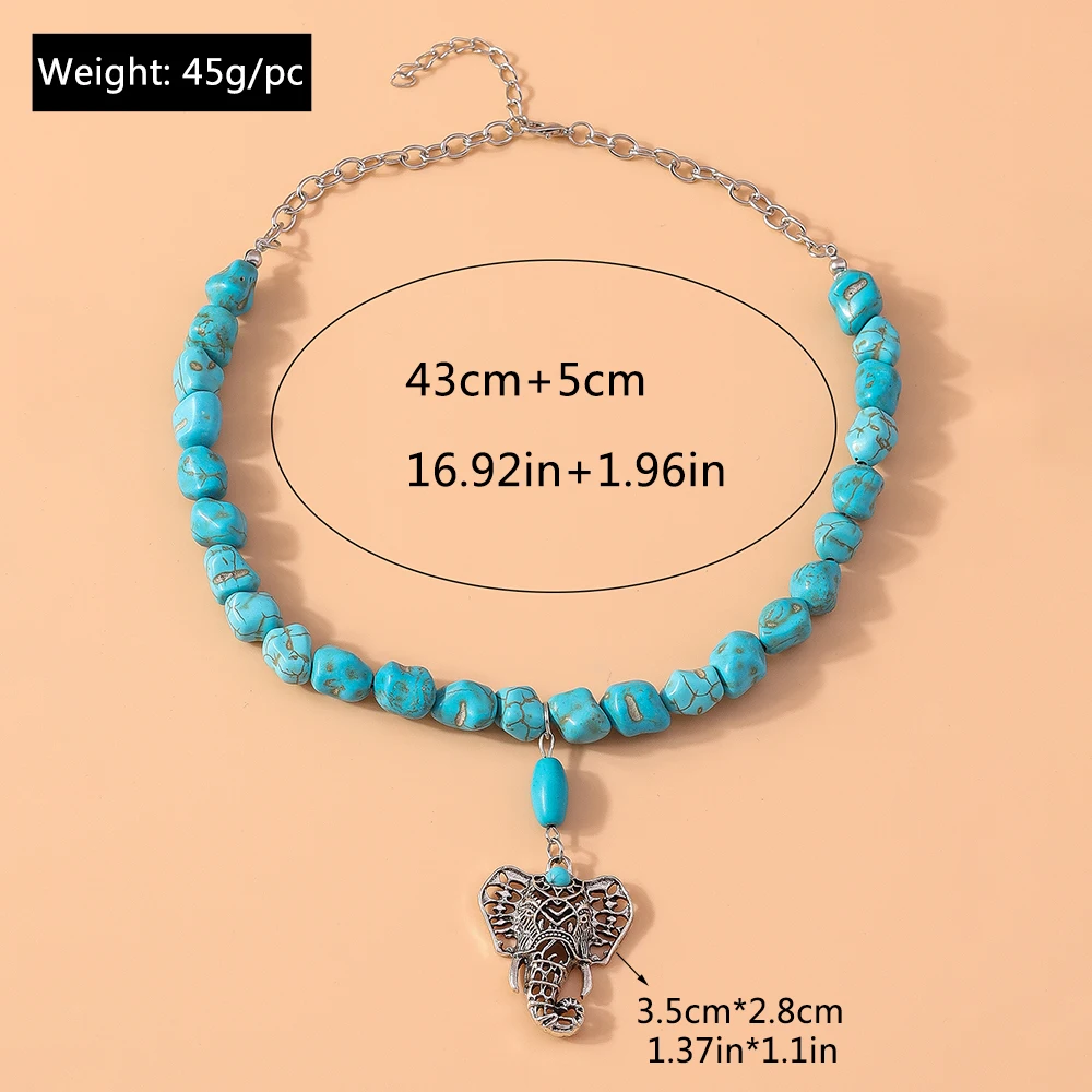 Aihua Böhmen Türkis Stein Elefant Halskette für Frauen Halsband Collier Vintage Ethnische Tibetische Silber Halsketten Schmuck – Detail 5