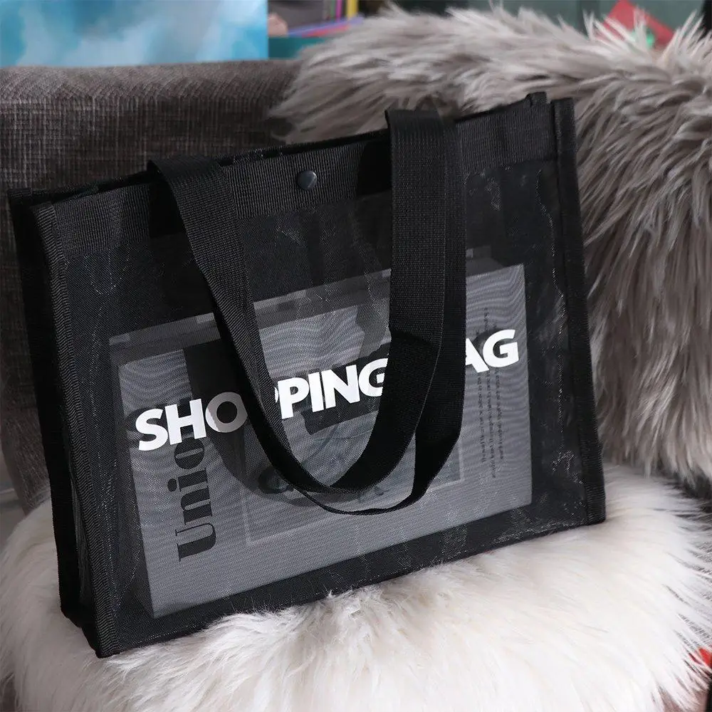

Nylon Transparent Mesh Shopping Bag Black Hasp Large Capacity Tote Bag Single Shoulder Crossbody Bag Travel Storarge Bag Fitness