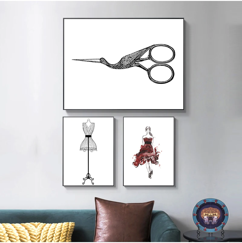 1pc frameless Sewing Print Fashion Wall Art Picture Room Wall Decor , Vintage Fashion Sewing Machine Poster Model Mannequin Canv