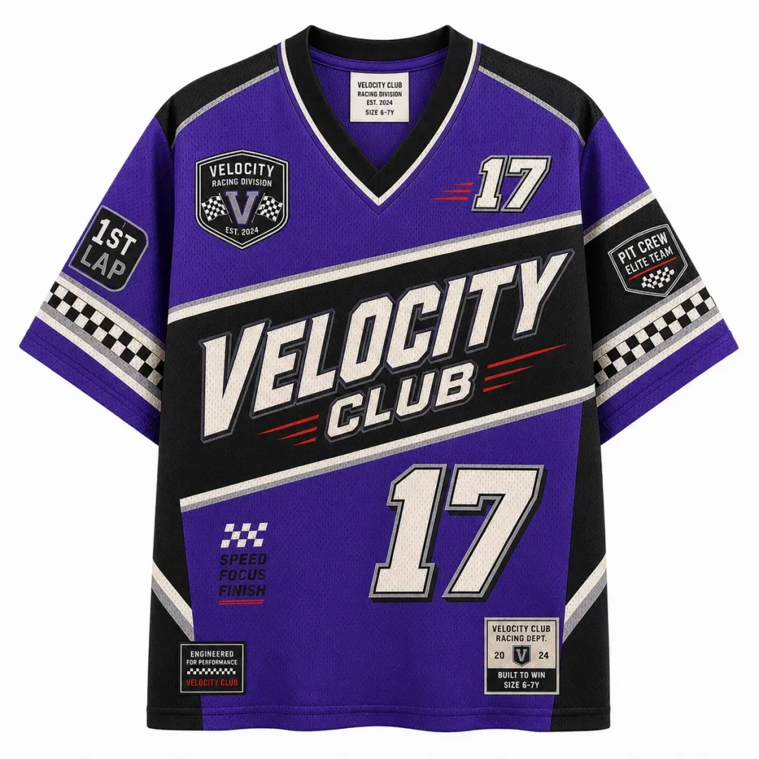 Velocity Club Racing Suit # 17 Purple Black V-neck Mesh Racing Theme Street Style Sports Short Sleeve T-shirt