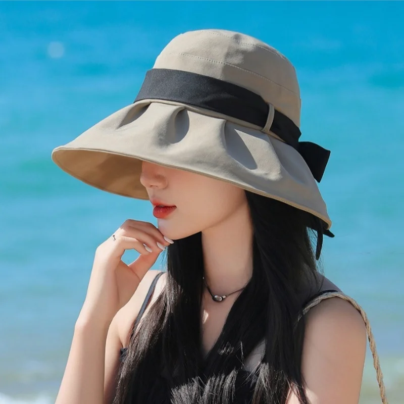 

Fisherman Hat Women Summer Outdoor UV large brim sunscreen hat Korean solid color show face small sun hat beach hat