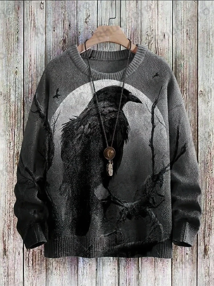 Halloween Crow Branch Moon Print Casual Knit Pullover Sweater Men's For Women's Pullover Funny Sweater