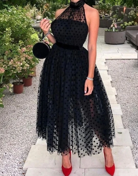 Women's Intelligent Dress 2024 Summer Latest Temperature Solid Color Black Mesh Polka Dot Sleeveless Waist Wrap Maxi Long Skirt