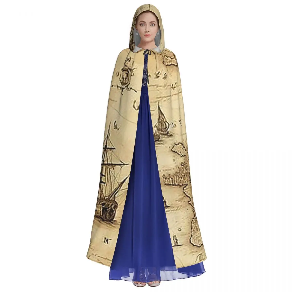 Vintage Pirats Map Pattern Long Hooded Cloak Witch Medieval Costume Cosplay Cape HalloweenVampire Adult Unisex