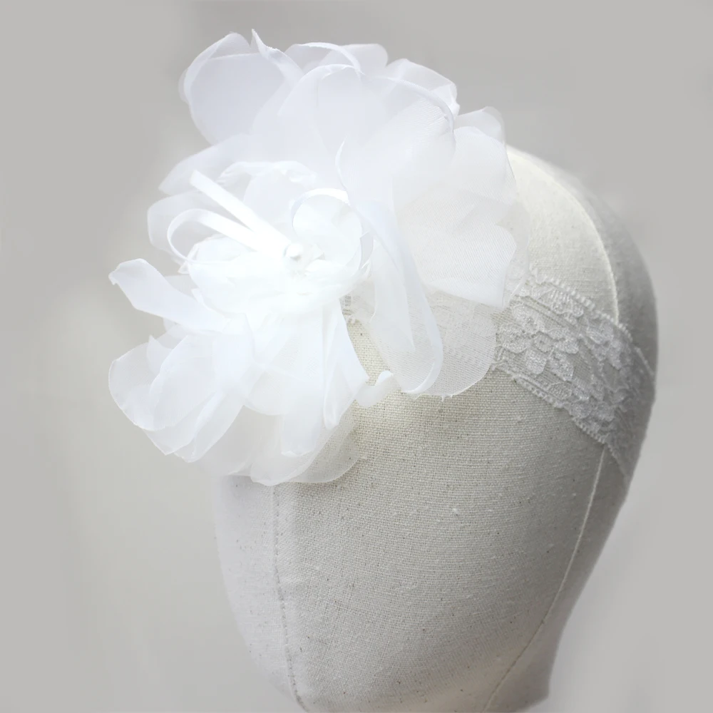 Large Chiffon Flower Headband Baby Girls Party Headdress Newborn White Mesh Flower Pearl Baby Hairflower Infant Wedding Headwear