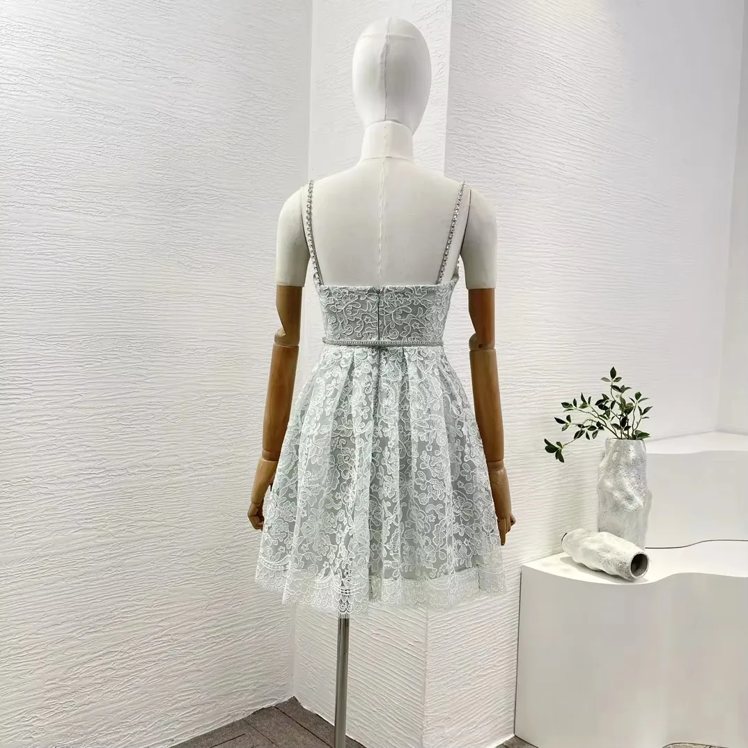 2024 NeW Top Quality Mint Green Sleeveless Lace Diamonds Women Elegant Spaghetti Mini Dress for Party