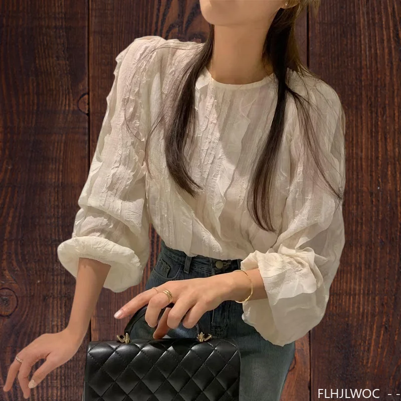 

Short Retro Vintage Shirts Cute Korea Chic Tops Blusas Fashion FLHJLWOC Design Preppy Style Girls Women Fungus Ruffles Blouses