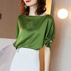 Female Clothing Fashion Satin Shirt Summer Solid Color Casual Loose Elegant Shirring Chic Three-dimensional Decoration Blouse