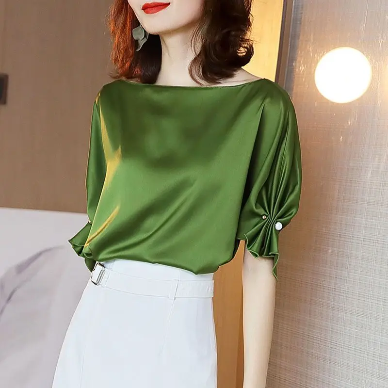 Female Clothing Fashion Satin Shirt Summer Solid Color Casual Loose Elegant Shirring Chic Three-dimensional Decoration Blouse