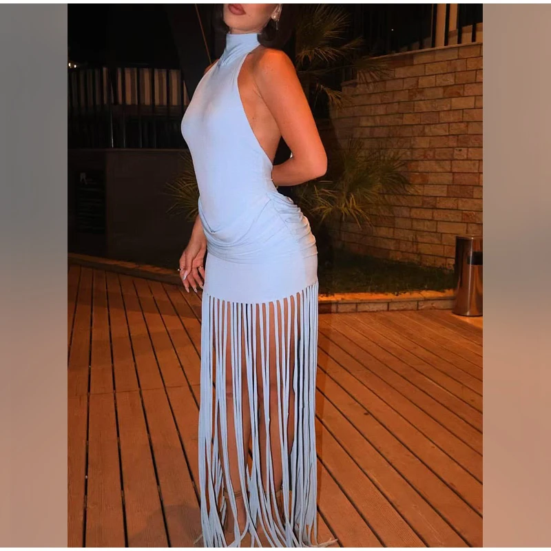 Women Sexy Tassel Patchwork Maxi Dress Elegant V-neck Wide Strap Sleeveless Waist-cinching Slim Fit Dresses Chic New Party Gowns