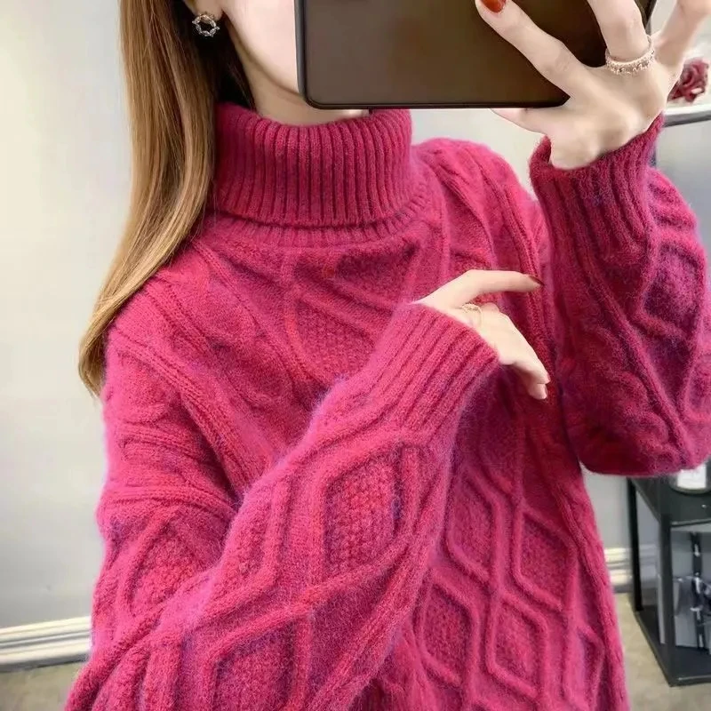 Women\'s Turtleneck Sweater Fall Winter New Loose Warm Knit Pullover Tops Candy Colors Knitwear Jumper Korean Soft Casual Poleras