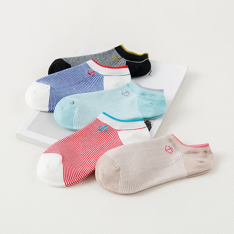 5 Pairs Women Casual Boat Socks Spring Summer Autumn Candy Color Cute Ship Anchor Striped Comfortable Female Short Ankle Socks