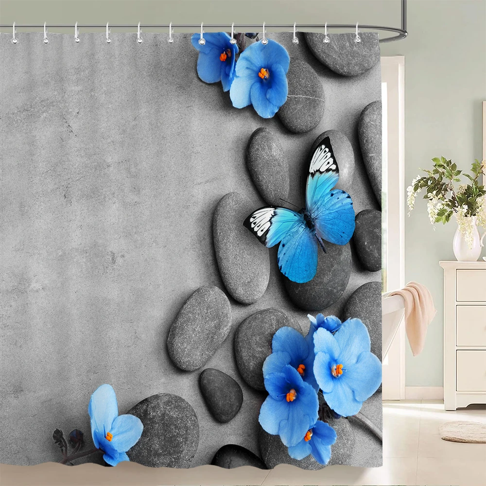 

Blue Butterfly Shower Curtain with Hook - Modern Plant Floral Design, Printed polyester fabric Bathroom Decoration Curtain