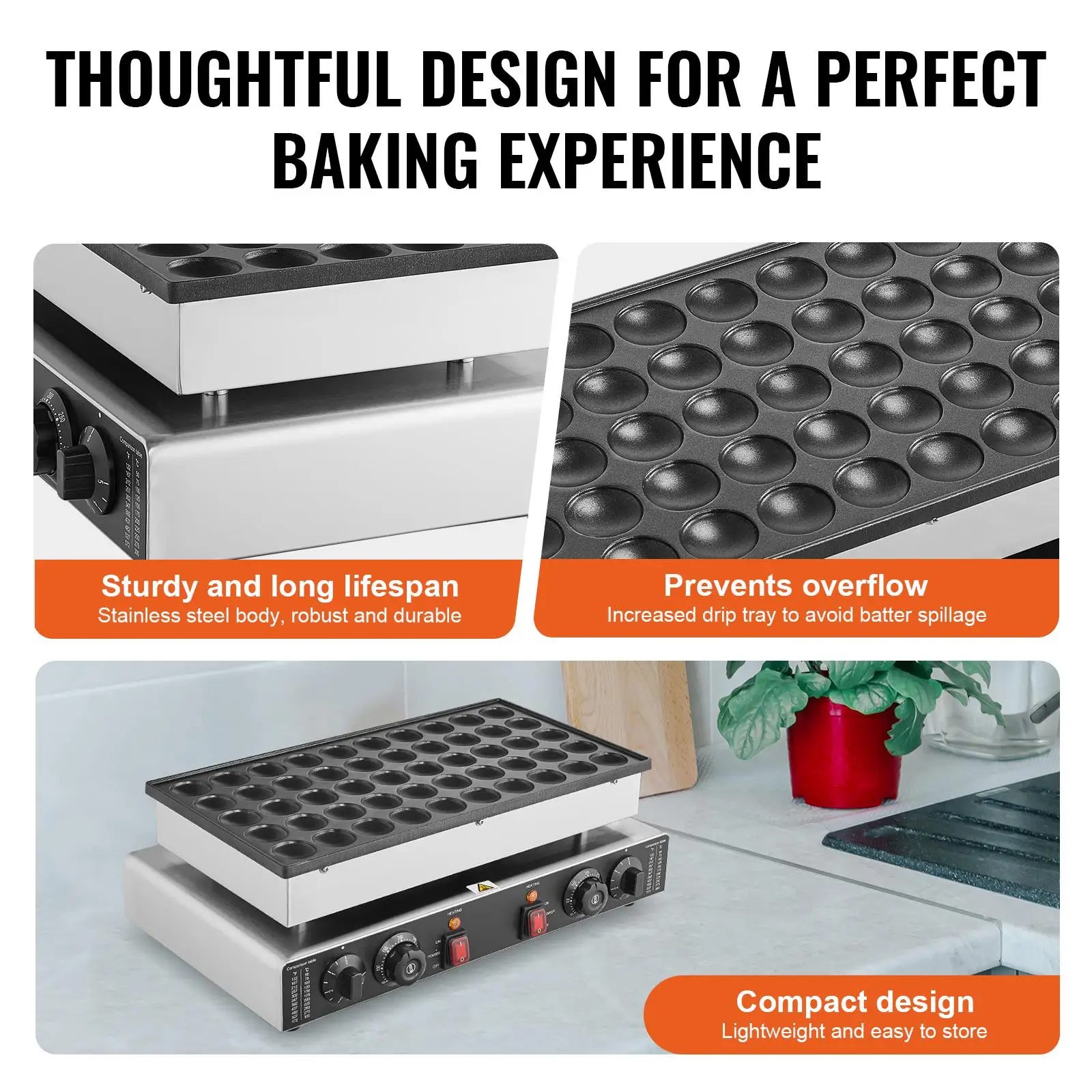 Commercial Electric Poffertjes Maker 50PCS 43mm Mini Dutch Pancake Dorayaki Baking Machine 1700W Nonstick Stainless Steel Dual Temperature and Control for home Kitchen Restaurant