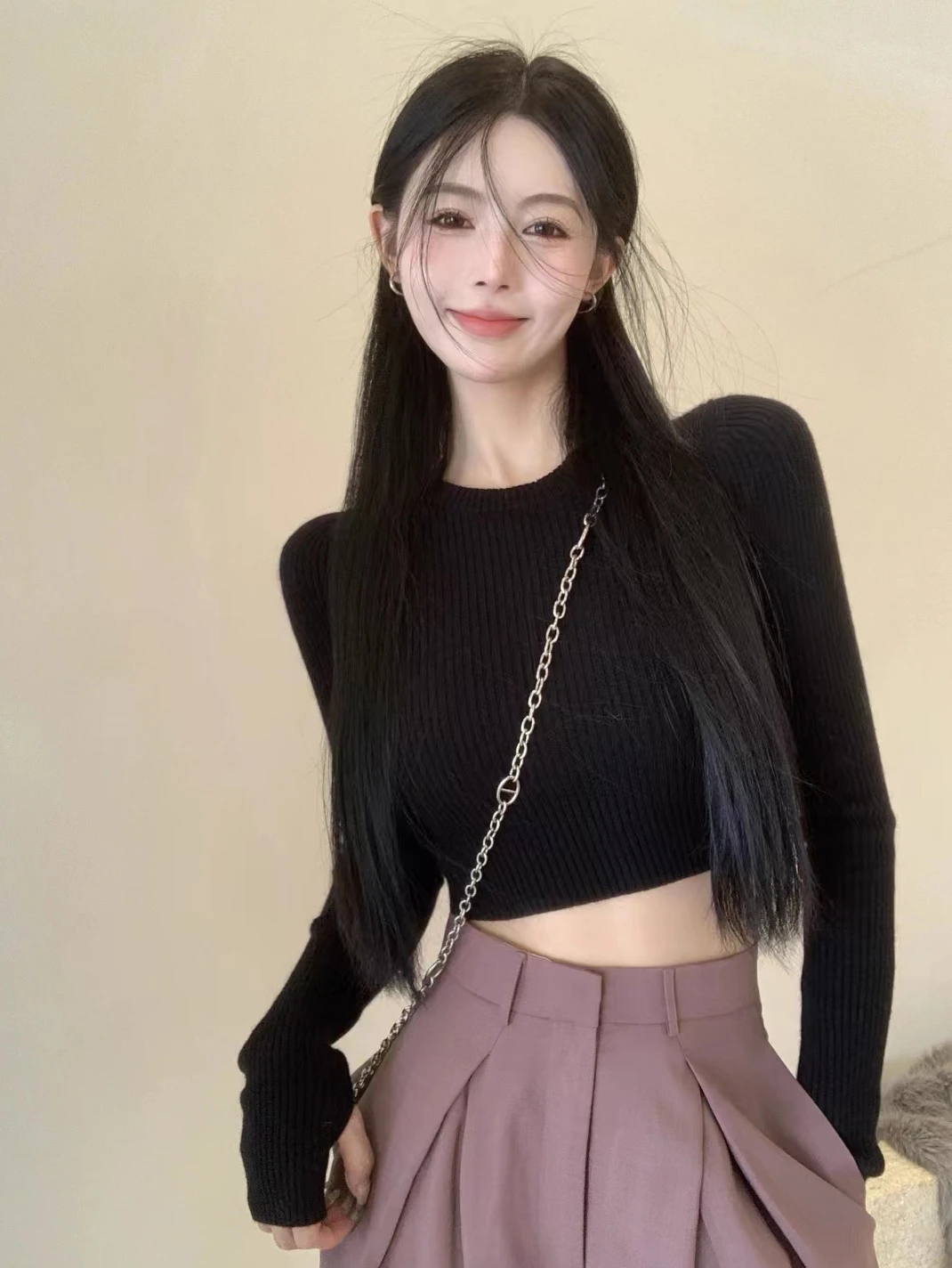 ay طويل Sve محبوك سترة المرأة الخريف الشتاء سليم صالح ort Sle البطن Baring Faionable قاعدة ضيقة irt العصرية